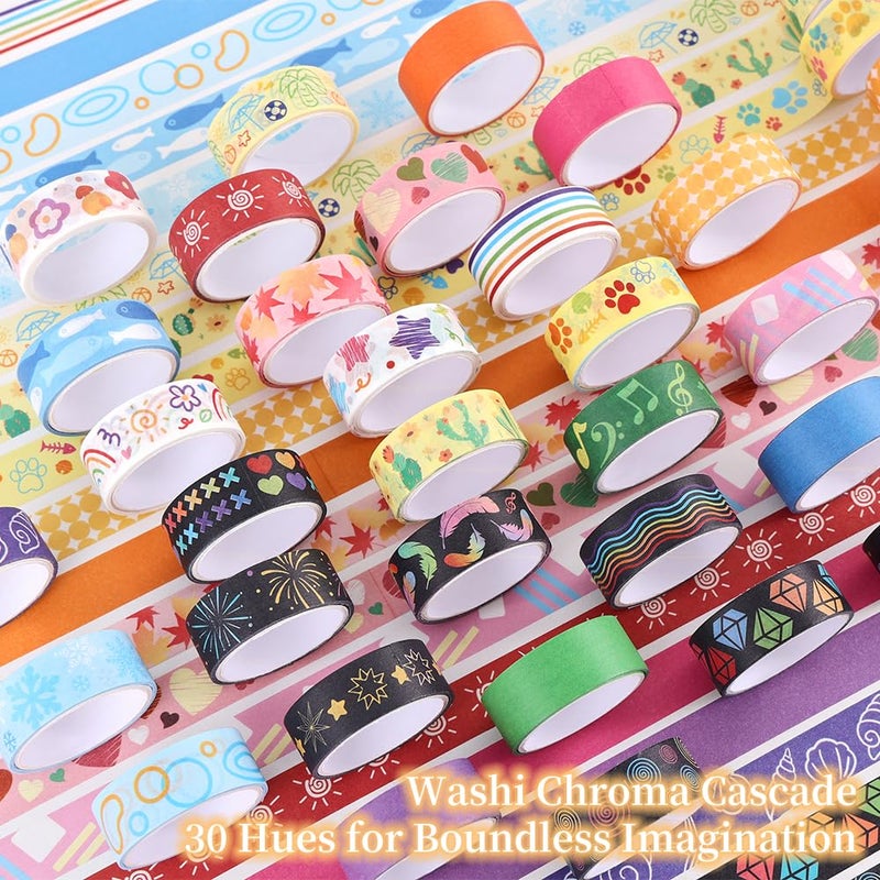icceemee 30 Rolls Colorful Theme Washi Tape Set with Different Colorful Patterns, Writable Decorative Tapes for Scrapbooking, Junk Journal Supplies, Bullet Journaling, 0.6'' x 79'' per Roll - Image 3